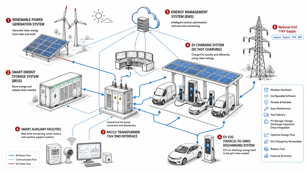 Neutron Microgrid system architecture diagram showing Renewable Power Generation, Smart Energy Storage BESS, MV/LV Transformer 11kV DNO Interface, DC Fast Charging, V2G discharging, Energy Management System, and National Grid connection