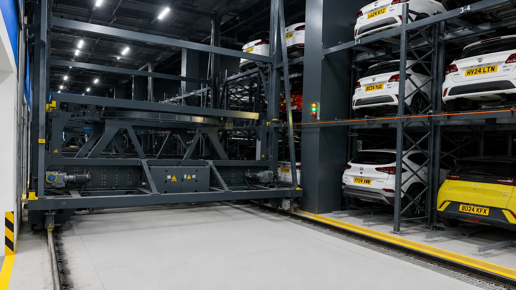 Smart Park & Charge — AI shuttle vehicle transporting EV to triple-layer stacking bay